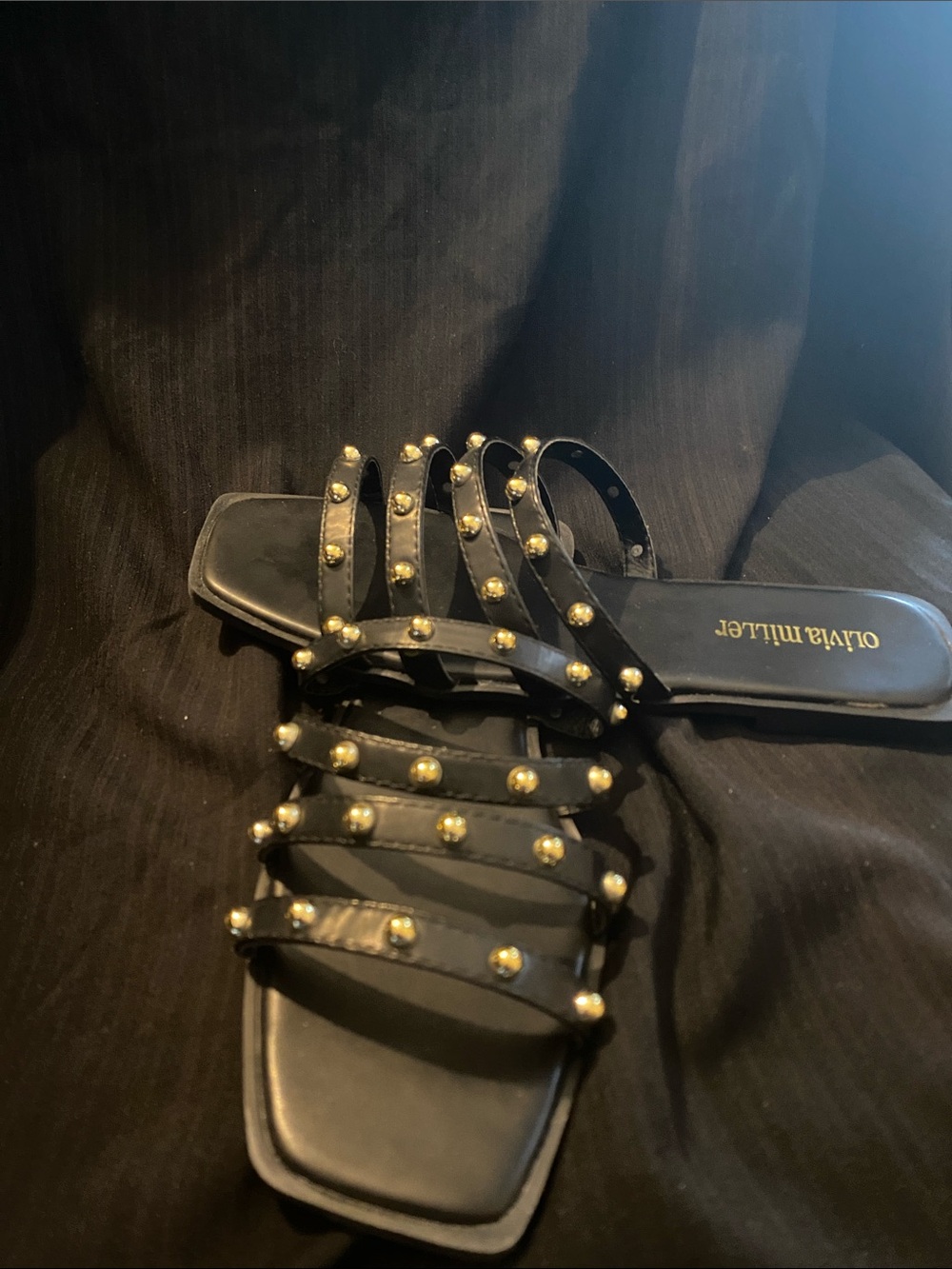 Olivia Miller Black Slide Sandals with Gold Studs
